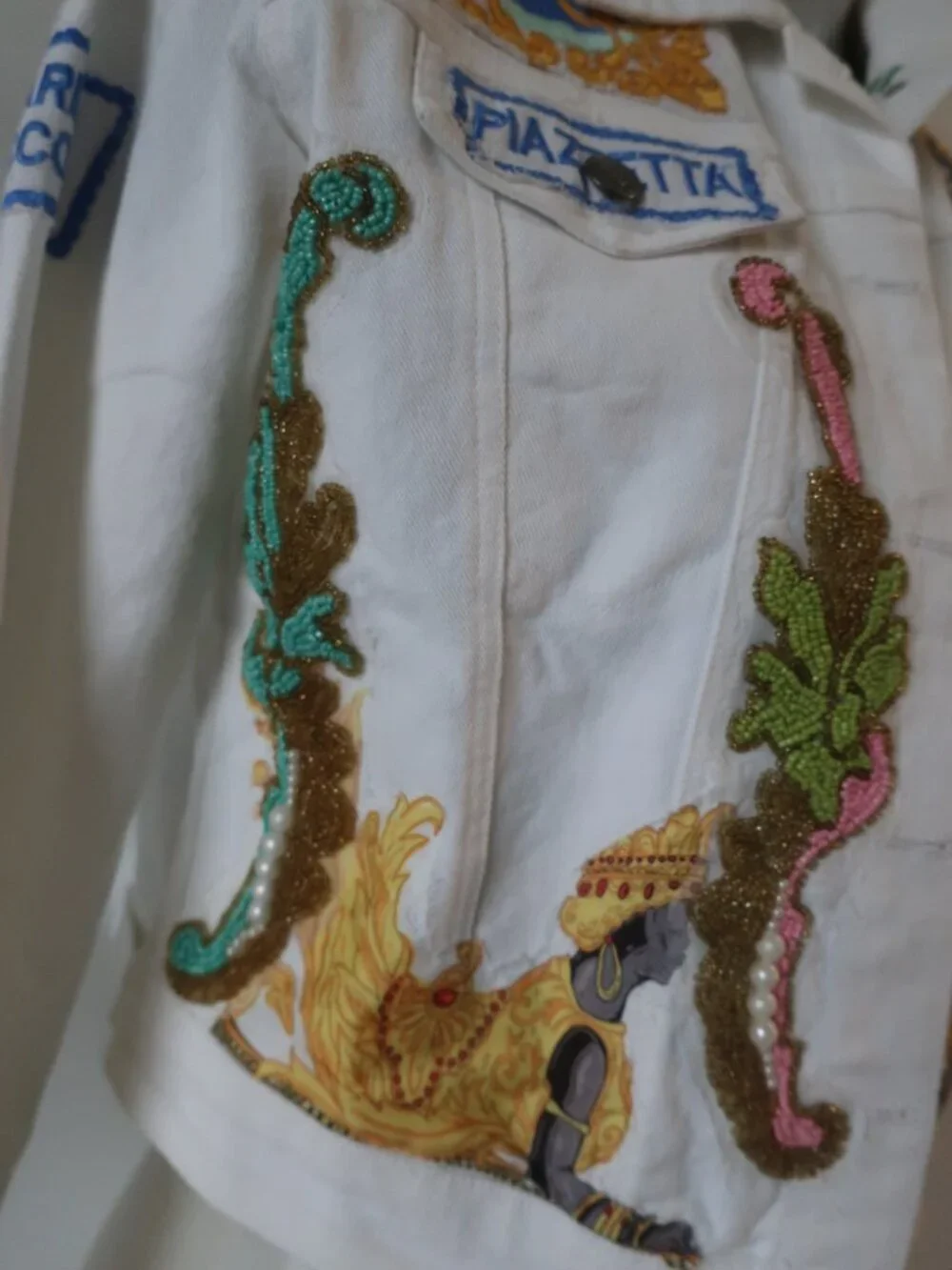 NWT Womens Antica Sartoria By Giacomo Cinque Wht Embroidered Bead Denim Jacket S - Picture 9 of 13
